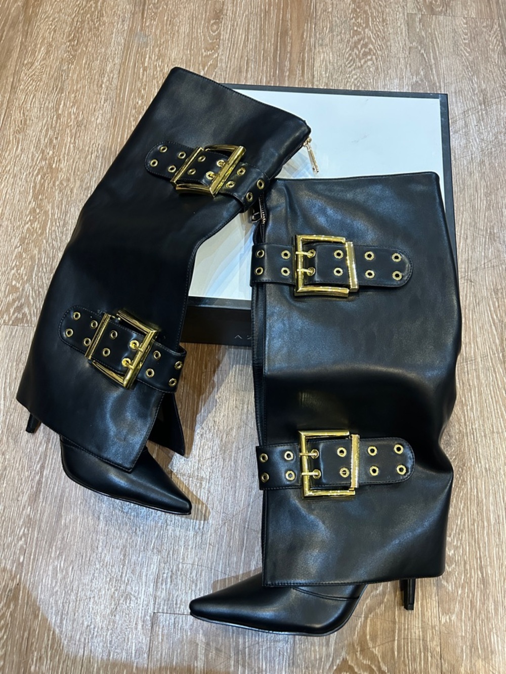 Azalea Wang Black Leather Knee-High Boots with Gold Buckles